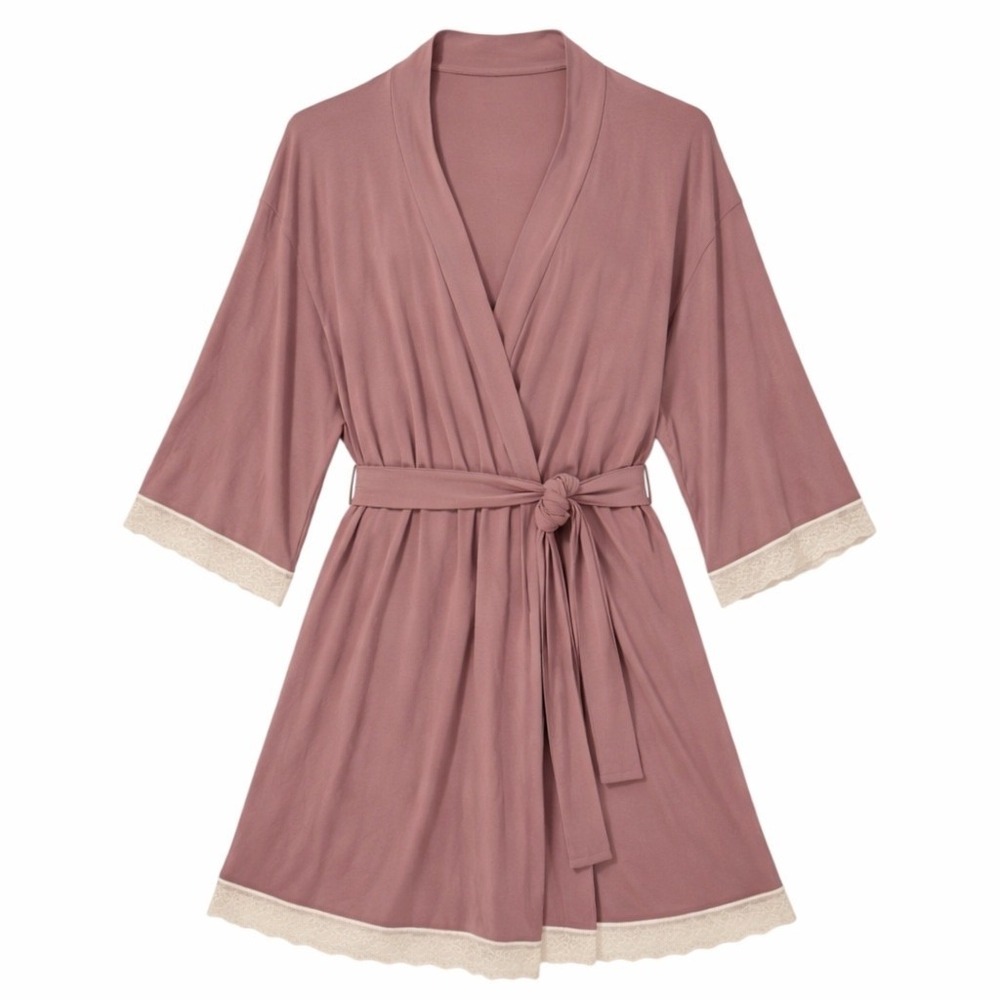 ThirdLove WonderKnit Robe Women Medium Mauve Modal Cotton Lace Trim Wrap Lounge - Picture 2 of 8